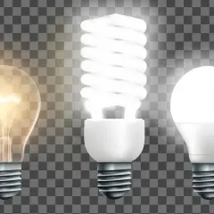 Tres bombillas: una incandescente, una fluorescente y bombillas led transparentes, mostrando la evolución de la iluminación.