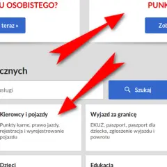Dwa czerwone strzałki wskazujące na sekcje "Punkty karne" i "Kierowcy i pojazdy".