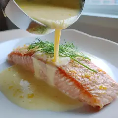 En saftig laxfilé toppas med en krämig sås, som ser ut att vara en härlig lemon curd. Dillkvisten ger en fin touch.