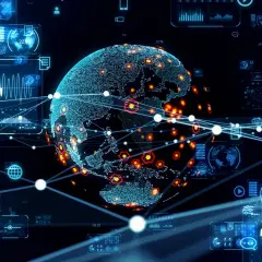 Cyfrowa kula ziemska otoczona wykresami i danymi, symbolizująca technologię i globalną sieć.