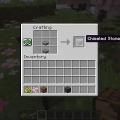 Jak zrobic kamienne cegły w MC: dwa kamienne bloki w crafting table tworzą rzeźbione kamienne cegły.