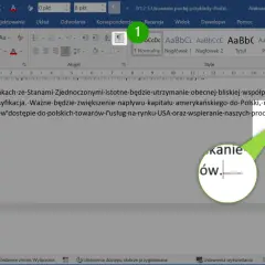 Zrzut ekranu z programu Microsoft Word pokazujący pustą stronę z zaznaczonymi elementami interfejsu.