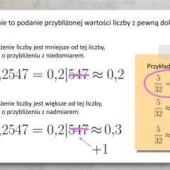 Przybliżenie liczby 0,2547 z niedomiarem do 0,2 lub z nadmiarem do 0,3. Przykład: 5/32 ≈ 0,15 lub 0,16.
