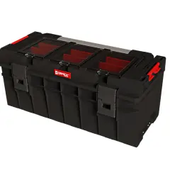 Czarna skrzynka narzędziowa Qbrick System Pro 600 z czerwonymi przegródkami i przezroczystą pokrywą.