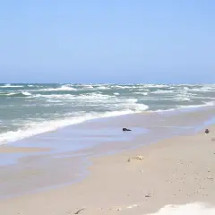 Plaża w Rowach, z falującym morzem i piaszczystym brzegiem. W oddali widać wydmy i nielicznych spacerowiczów.