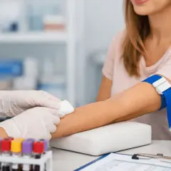 Pobieranie krwi do badań. Pacjentka z opaską uciskową na ramieniu, pielęgniarka przygotowuje miejsce wkłucia. W tle probówki i materiały medyczne. mpv niskie.
