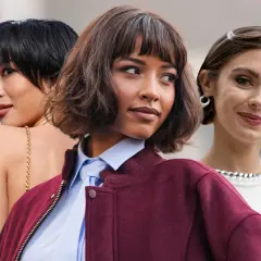 Drei Frauen mit stilvollem Bob (Frisur). Eine mit schwarzem Kurzhaarschnitt, eine mit braunem Bob und Pony, und eine mit blondem Bob.