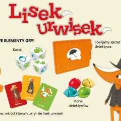 Elementy gry "Lisek Urwisek": figurka lisa, kostki, karty lisów, pionki detektywów i specjalny sprzęt.