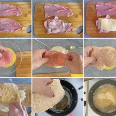 Preparazione delle bistecche alla valdostana: carne, prosciutto, formaggio, uovo e pangrattato per una deliziosa impanatura.