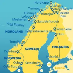 Mapa pokazuje trasę podróży przez koło podbiegunowe w Norwegii, Szwecji i Finlandii, z zaznaczonymi miastami jak Nordkapp, Tromso, Rovaniemi.