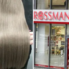 Długie, blond włosy i wejście do drogerii Rossmann.