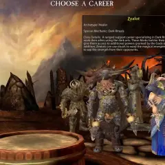 Wybór klasy Zealot w Warhammer Online. Postacie w mrocznych szatach, gotowe do walki.