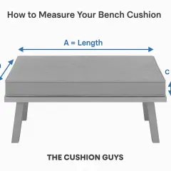 Diagram shows how to measure cushion size: Length (A), Depth (B), and Thickness (C).