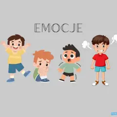 Radość, smutek, strach i złość – cztery różne emocje na obrazku, idealne do zabaw z emocjami w przedszkolu.