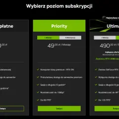 Porównanie cen GeForce Now: darmowy, Priority (49 zł/mies.) i Ultimate (490 zł/6 mies.). Wybierz najlepszą ofertę!