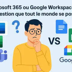 Un homme perplexe face aux logos de Microsoft 365 (Word, Excel, Teams) et Google Workspace (Docs, Sheets, Meet). Microsoft shared c'est quoi ?