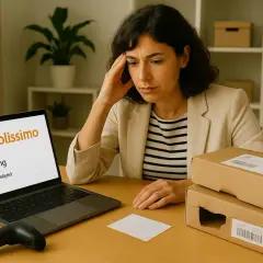 Zmartwiona kobieta sprawdza status przesyłki na laptopie. Na ekranie widnieje napis "colissimo Tracking. Status: Delayed". Obok leżą paczki.