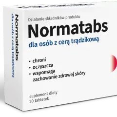Opakowanie suplementu diety Normatabs dla osób z cerą trądzikową. Wspiera ochronę, oczyszczanie i zdrowy wygląd skóry.