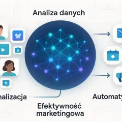 Grafika przedstawia schemat analizy danych z wykorzystaniem narzędzi AI. Personalizacja i automatyzacja działań marketingowych dzięki sztucznej inteligencji.