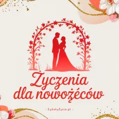 Eleganckie życzenia dla nowożeńców z parą pod łukiem i kwitnącymi gałązkami. Znajdź fajne cytaty na podziękowanie.