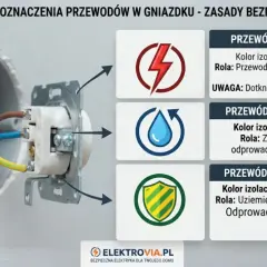 W gniazdku widać przewody: brązowy (fazowy), niebieski (neutralny) i żółto-zielony (ochronny).