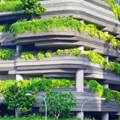 Edificio con balcones curvos cubiertos de exuberante vegetación, un ejemplo de diseño sostenible que integra la naturaleza en la arquitectura urbana.