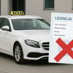 Biały samochód taxi z żółtym kogutem. Obok dokument z napisem "LICENCJA TAXI" i przekreślonym czerwonym krzyżem.