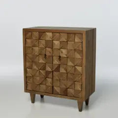 A rustic wooden cabinet with a geometric patterned door, showcasing one of the many types of furniture cabinets available.