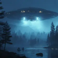 Nocny las nad jeziorem, nad którym unosi się lśniący statek obcych. Scena jak z książek o ufo, z dwoma rybakami w łodzi.