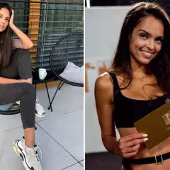 Klaudia El Dursi, uczestniczka Top Model, w luźnej stylizacji i z kartą Top Model.