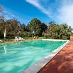 Piscine d'un gîte en Italie, entourée de verdure et de transats. Idéal pour des vacances paisibles.