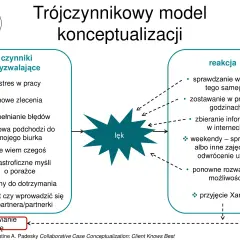 Diagram przedstawiający trójczynnikowy model konceptualizacji przypadku z czynnikami wyzwalającymi, lękiem i reakcją.