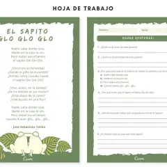 Ficha de lectura primaria para imprimir con el poema "El sapito Glo Glo Glo" y preguntas para responder.