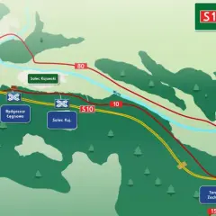Mapa drogowa S10 Bydgoszcz - Toruń. Pokazuje węzły drogowe, MOPy i obwody utrzymania drogi między Bydgoszczą a Toruniem.