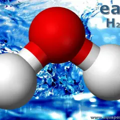 Molécule d'eau H₂O, symbole de la vie et de la pureté, dans un fond aquatique vibrant.