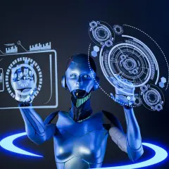 Robot z błyszczącym, niebieskim wykończeniem manipuluje interfejsami holograficznymi, symbolizując zaawansowane możliwości agi ai.