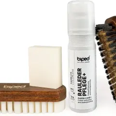 Kit de cepillos y spray para el cuidado de piel serraje. Mantiene tus zapatos como nuevos.