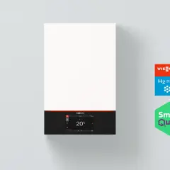 Nowoczesny piec na wodór Viessmann H2 Ready, z wyświetlaczem pokazującym 20°C.