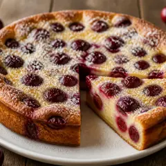 Clafoutis aux cerises, une recette facile et gourmande. Ce dessert doré, parsemé de sucre glace, invite à la dégustation.