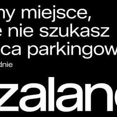 Biały tekst na czarnym tle: "Znamy miejsce, gdzie nie szukasz miejsca parkingowego. Kupuj wygodnie. zalando