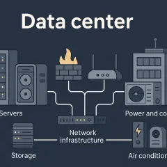Schéma expliquant ce qu'est un data center : serveurs, stockage, infrastructure réseau, alimentation, refroidissement et climatisation.