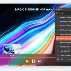 Program do odtwarzania filmów z kolorowym tłem. Na liście odtwarzania widoczny jest plik "MAGIC FLUIDS 4K HDR.mkv".