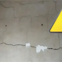 Uwaga na pionowe pęknięcia ścian nośnych. Widoczne liczne rysy i ubytki tynku.