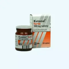 Opakowanie leku Ketonal forte 100 mg, który jest dostępny na receptę. Zawiera 20 tabletek ketoprofenu.