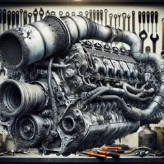Gros moteur de voiture couvert de poussière, peut-être un symptôme catalyseur HS essence. Outils de mécanique en arrière-plan.