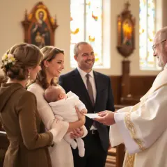 Rodzina z dzieckiem podczas ceremonii chrztu w kościele.