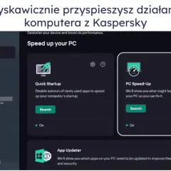 Interfejs Kaspersky Free pokazuje opcje przyspieszania komputera, takie jak Quick Startup i PC Speed-Up.