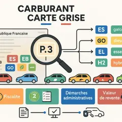Illustration expliquant comment lire une carte grise pour identifier le type de carburant (essence, diesel, hybride).