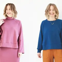 Two women model stylish sweatshirts, showcasing how to sew a sweatshirt with different necklines and colors.