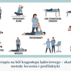 Ilustracje pokazują różne ćwiczenia po złamaniu kręgosłupa lędźwiowego: fizjoterapię, ćwiczenia wzmacniające core, rozciąganie, terapię TENS.